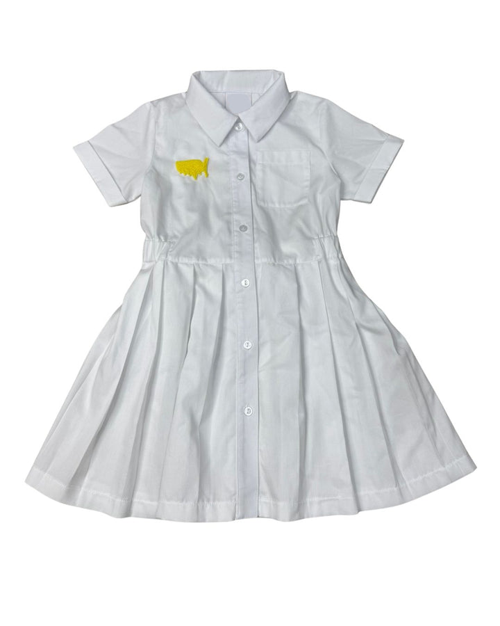 White dress with a yellow logo on a white background