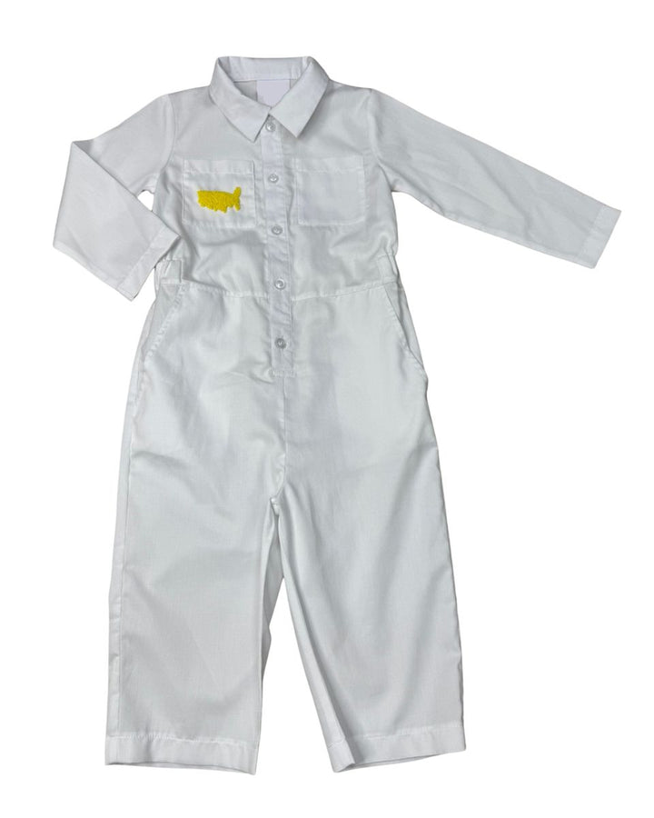White coverall with a yellow logo on a white background