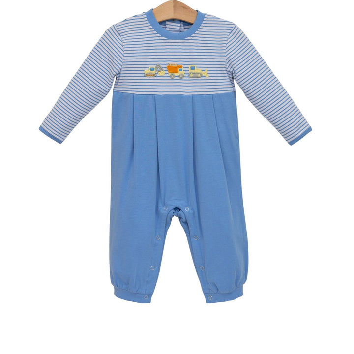 BLUE EMBROIDERED CONSTRUCTION TRUCKS ROMPER