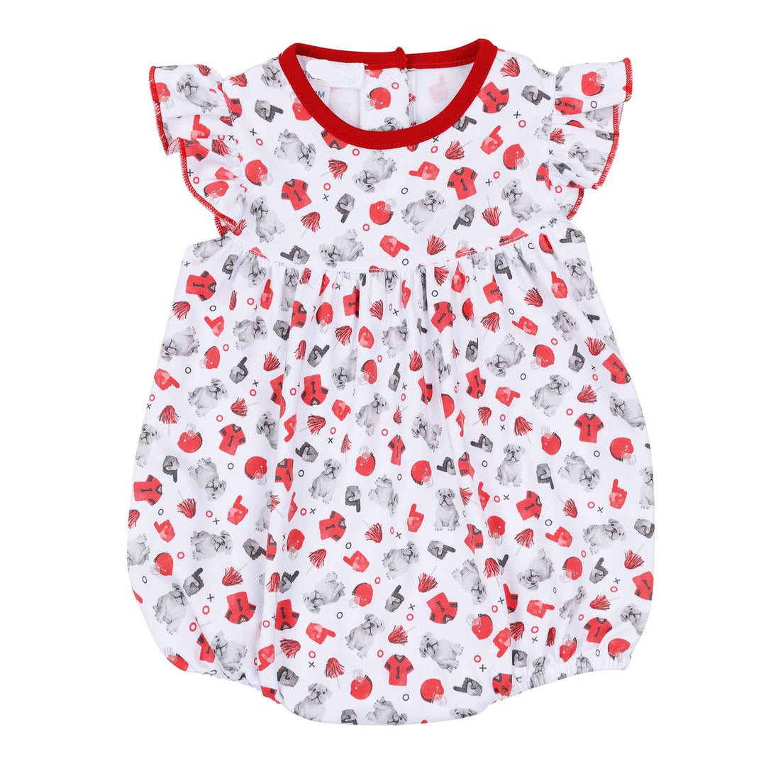 A baby girl's white bubble romper dress with a red crew neck and flutter sleeves, featuring an all-over print of red boxing gloves and gray boxing figures.