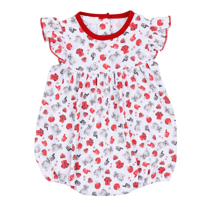 A baby girl's white bubble romper dress with a red crew neck and flutter sleeves, featuring an all-over print of red boxing gloves and gray boxing figures.