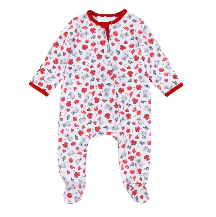 A baby footed sleeper in a white fabric with a red and gray floral pattern, featuring red trim on the collar, cuffs, and zipper.