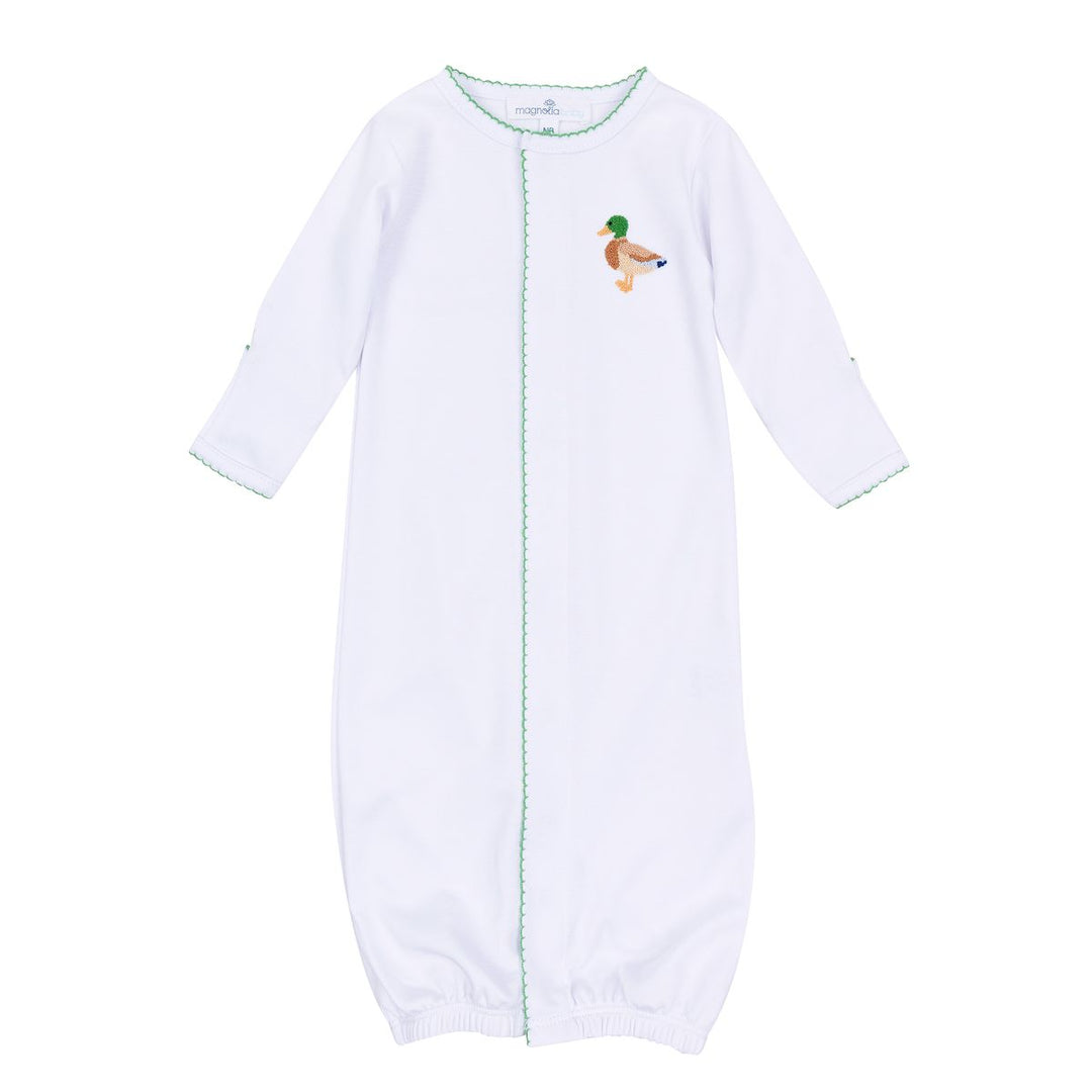 A white long-sleeve baby sleep sack with green trim and a small embroidered mallard duck on the chest, shown against a plain white background.
