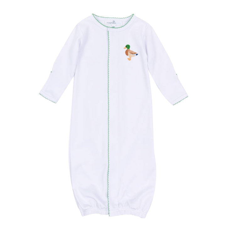 A white long-sleeve baby sleep sack with green trim and a small embroidered mallard duck on the chest, shown against a plain white background.