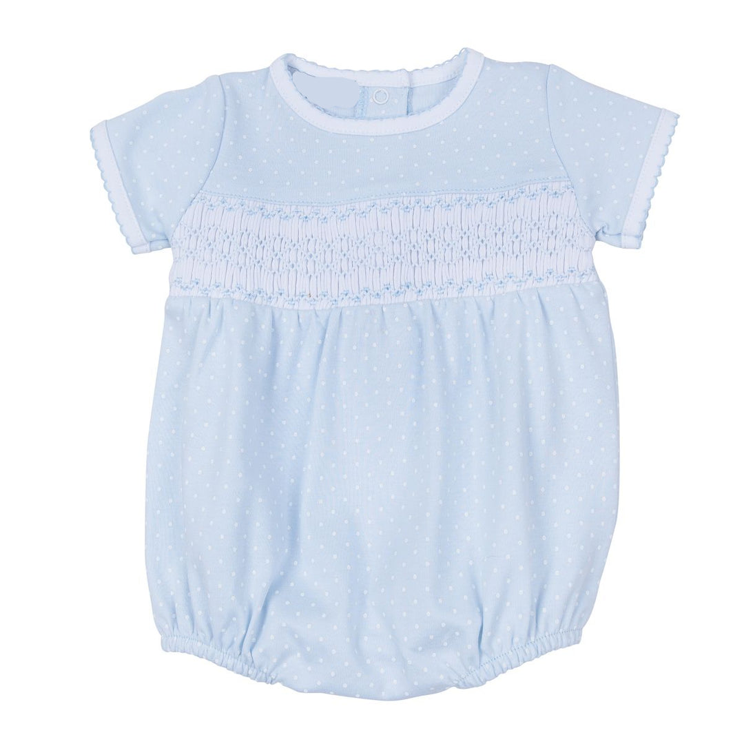 Light blue baby romper with smocked details on a white background