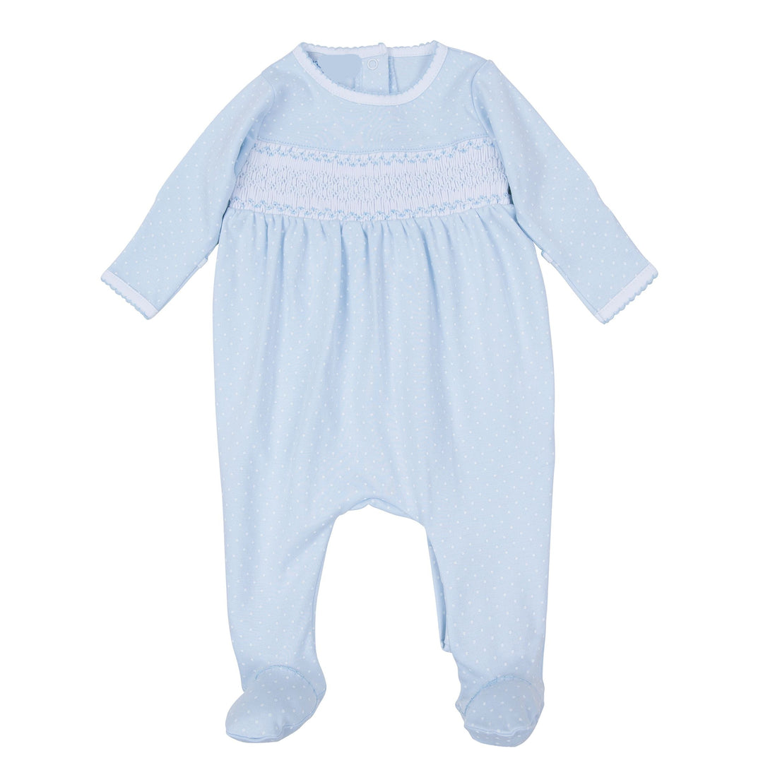 Light blue baby onesie with smocked details on a white background