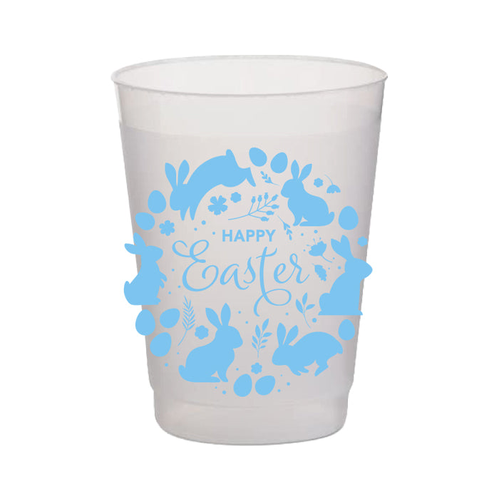 Clear plastic cup with blue Easter design on a white background