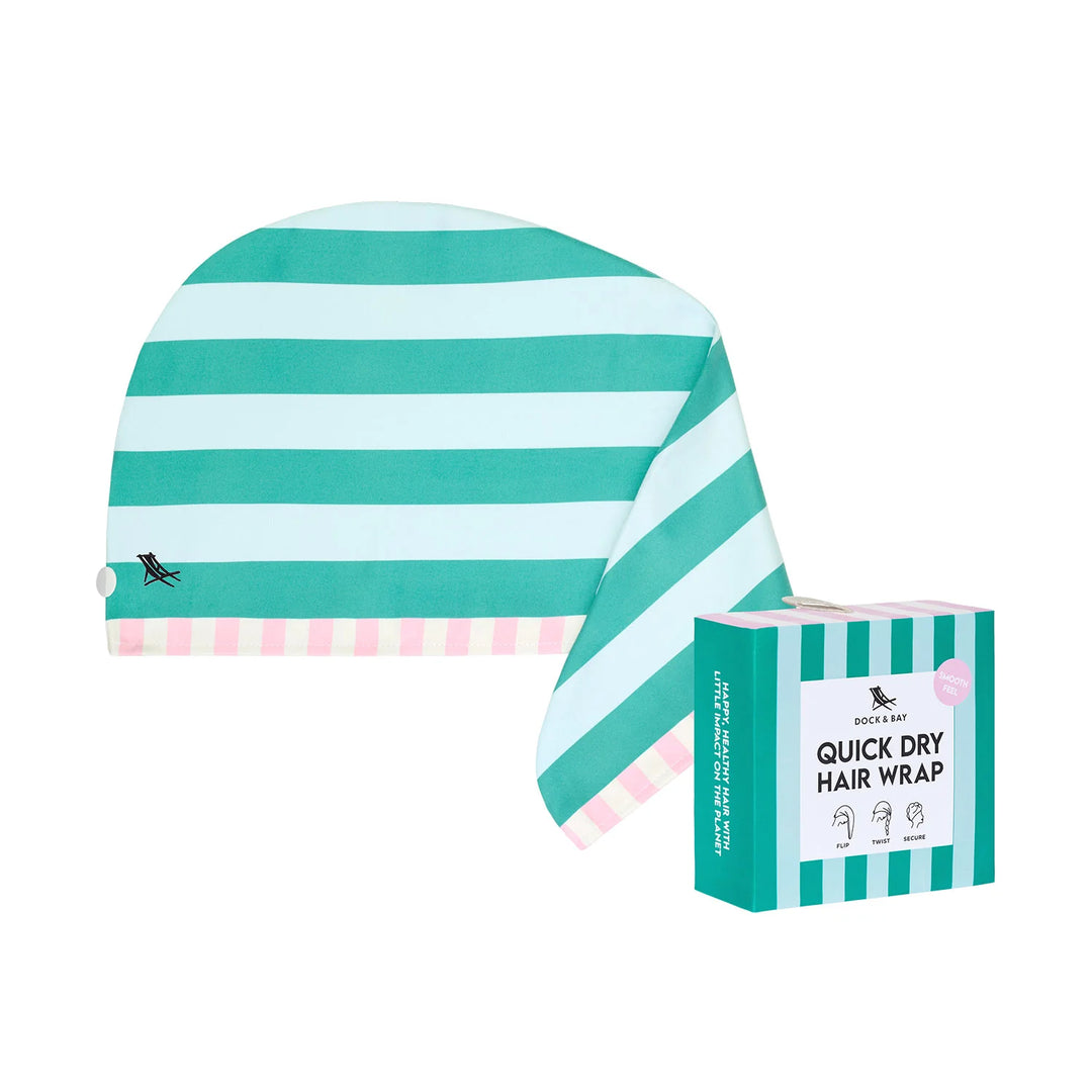 Teal and white striped quick dry hair wrap with packaging on a white background