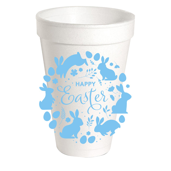 White foam cup with blue 'Happy Easter' design on a white background