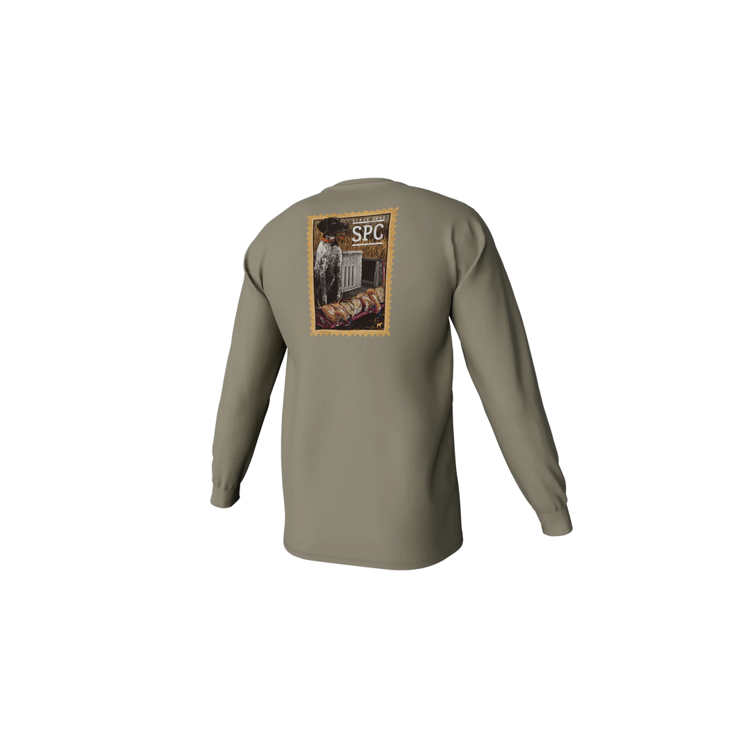 Olive green long-sleeve shirt with a graphic on the back against a white background