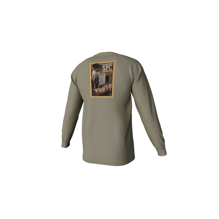 Olive green long-sleeve shirt with a graphic on the back against a white background