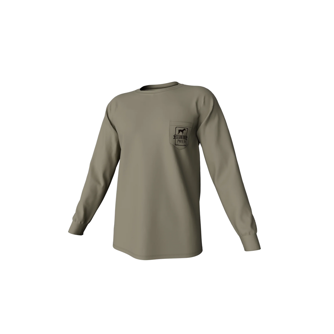 Khaki long-sleeve shirt with a logo on a white background