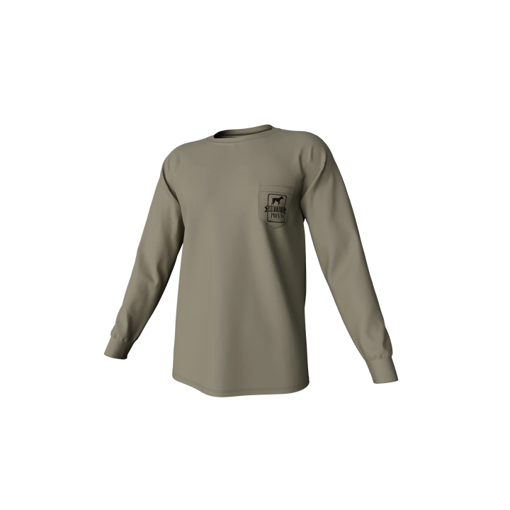 Khaki long-sleeve shirt with a logo on a white background