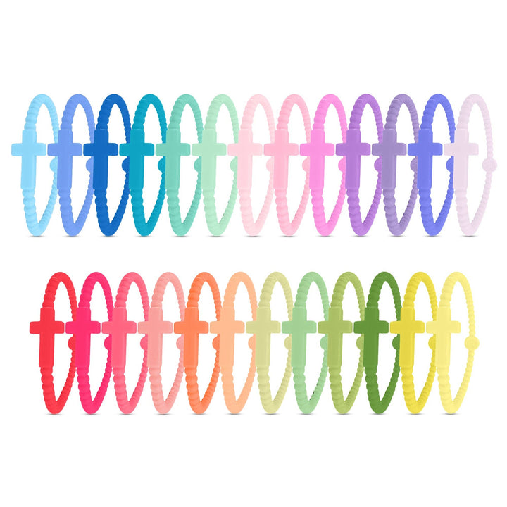 Funfetti silicone cross bracelet color assortment reference; bracelets sold individually