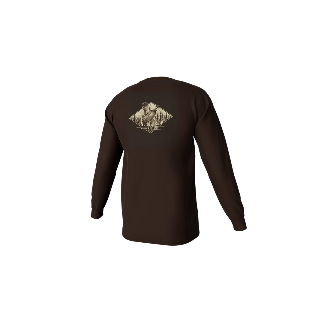 Brown long-sleeve shirt with a graphic on the back against a white background