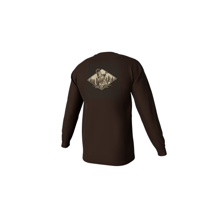 Brown long-sleeve shirt with a graphic on the back against a white background