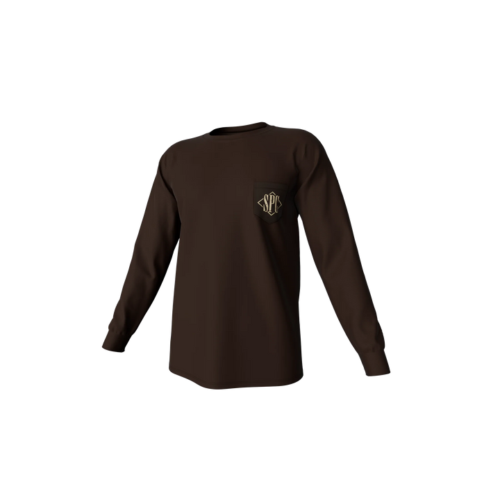 Brown long-sleeve shirt with a logo on a white background