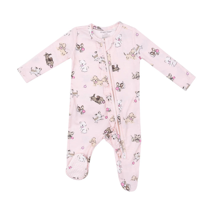 PINK FLUFFY PUPPIES RUFFLE ZIPPER FOOTIE