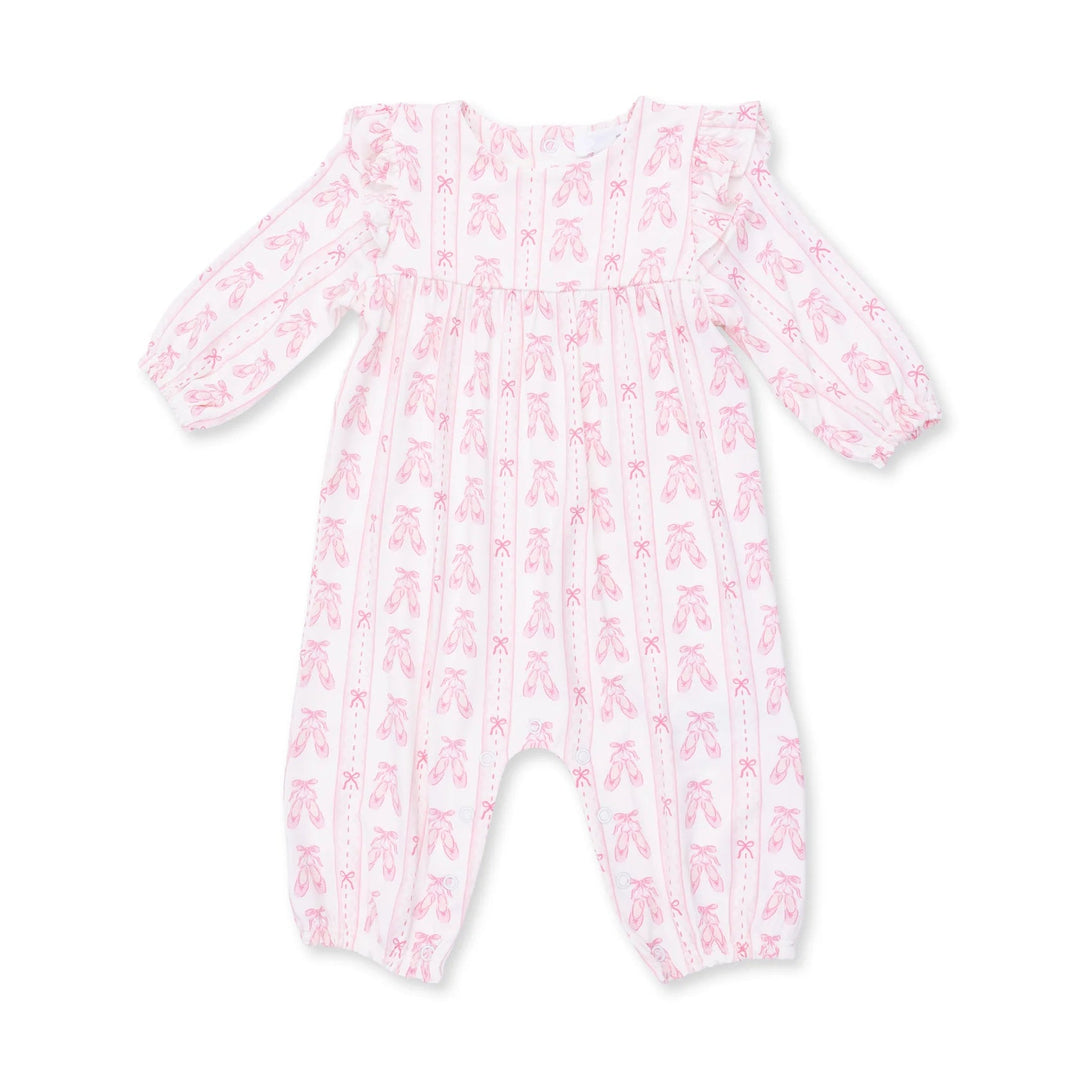 Angel Dear Ballet Shoes Ribbon Stripe Ruffle Sleeve Snap Romper front view of the baby romper highlighting the silhouette and ballet shoes ribbon stripe snap design