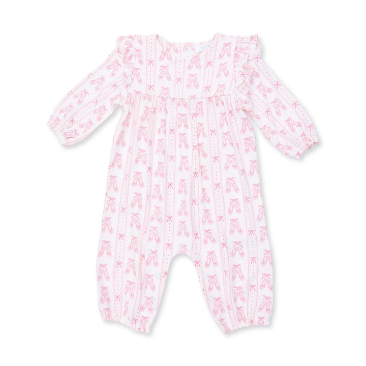 Angel Dear Ballet Shoes Ribbon Stripe Ruffle Sleeve Snap Romper front view of the baby romper highlighting the silhouette and ballet shoes ribbon stripe snap design