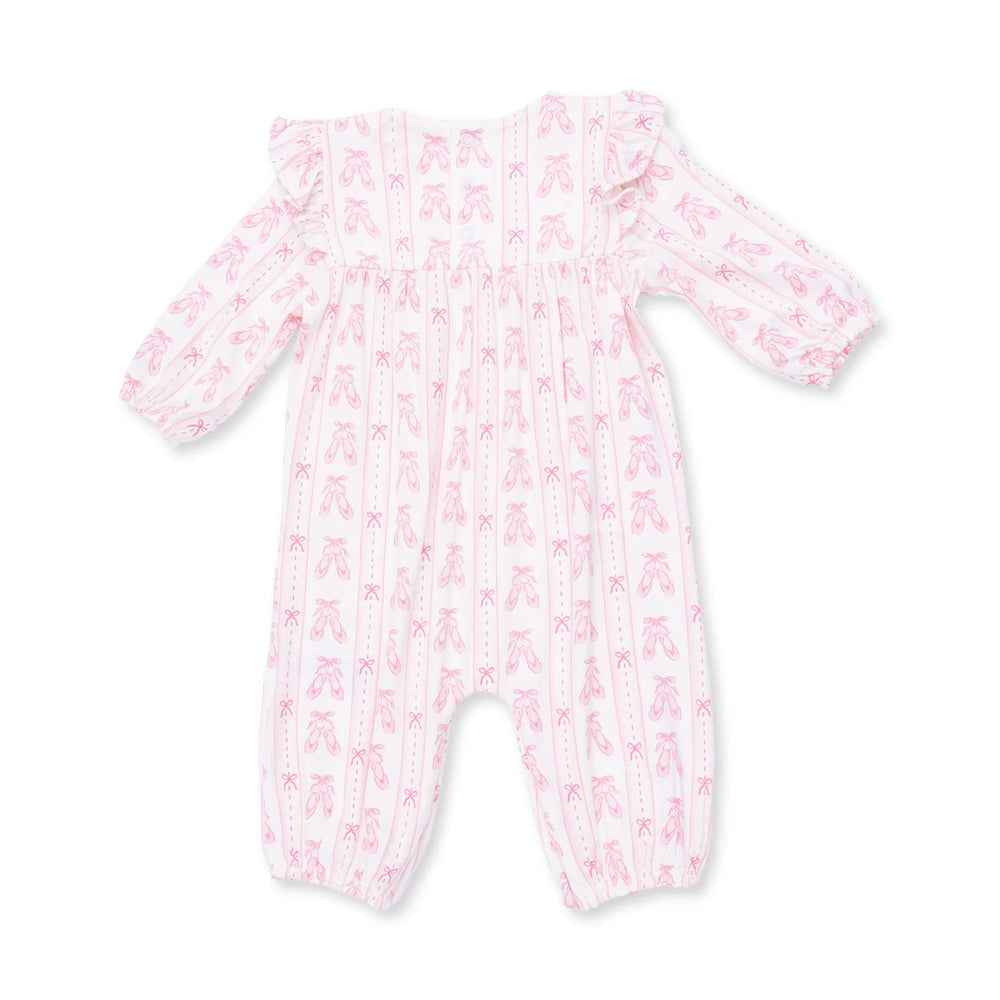 Angel Dear Ballet Shoes Ribbon Stripe Ruffle Sleeve Snap Romper alternate view of the baby romper showing the ballet shoes ribbon stripe snap design and coordinating trim