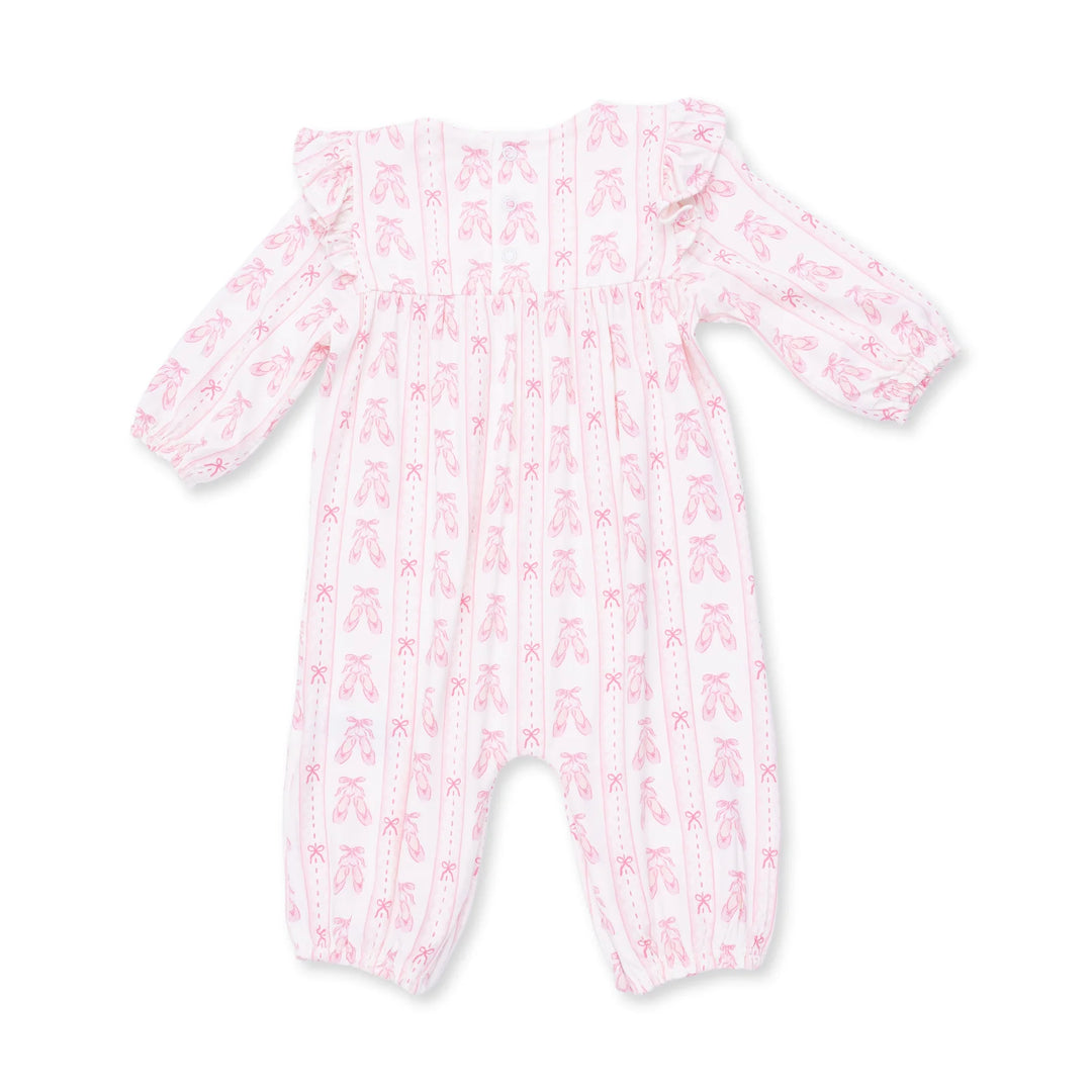 Angel Dear Ballet Shoes Ribbon Stripe Ruffle Sleeve Snap Romper alternate view of the baby romper showing the ballet shoes ribbon stripe snap design and coordinating trim