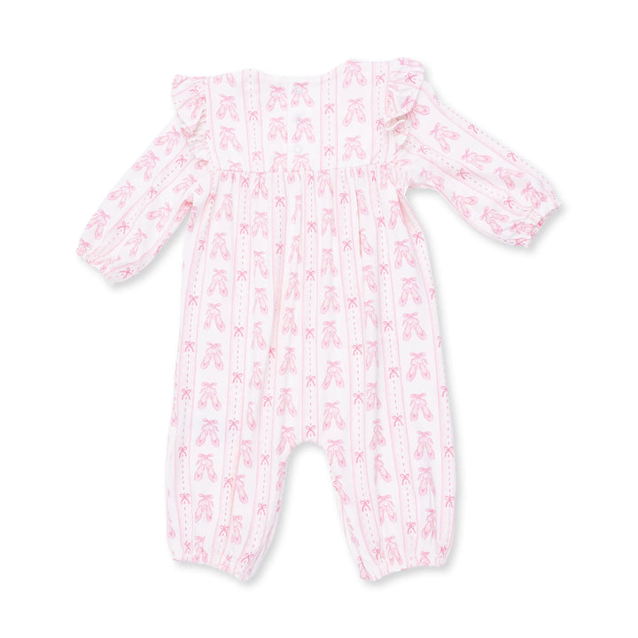 Angel Dear Ballet Shoes Ribbon Stripe Ruffle Sleeve Snap Romper alternate view of the baby romper showing the ballet shoes ribbon stripe snap design and coordinating trim