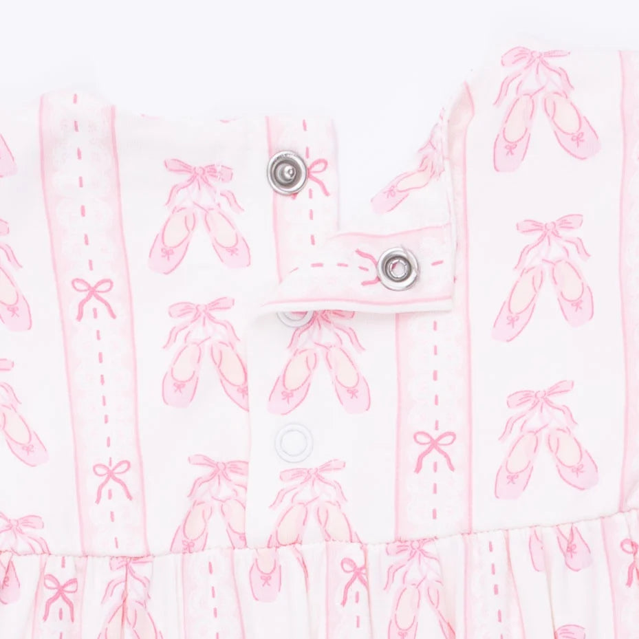 Angel Dear Ballet Shoes Ribbon Stripe Ruffle Sleeve Snap Romper close-up of the baby romper highlighting the print, closures, and finishing details