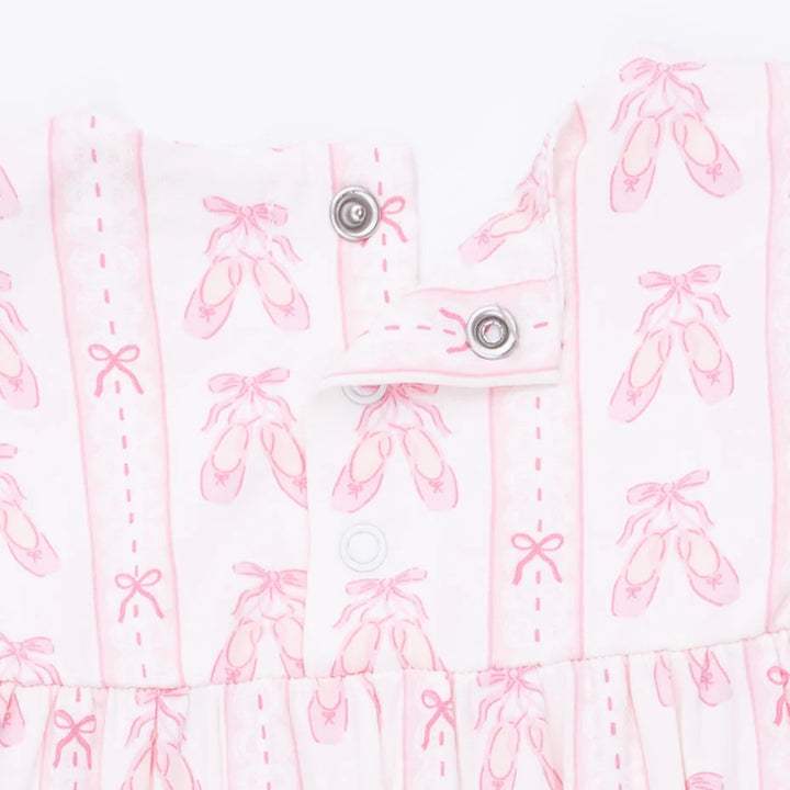 Angel Dear Ballet Shoes Ribbon Stripe Ruffle Sleeve Snap Romper close-up of the baby romper highlighting the print, closures, and finishing details