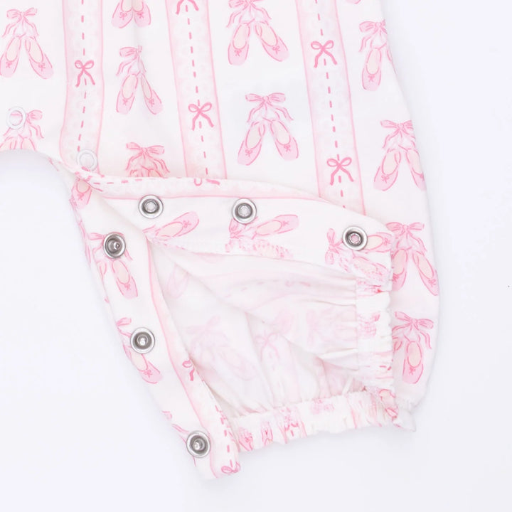 Angel Dear Ballet Shoes Ribbon Stripe Ruffle Sleeve Snap Romper additional styling view of the baby romper with the ballet shoes ribbon stripe snap design