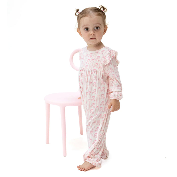 Angel Dear Ballet Shoes Ribbon Stripe Ruffle Sleeve Snap Romper worn by a baby in a lifestyle view highlighting the ballet shoes ribbon stripe snap design