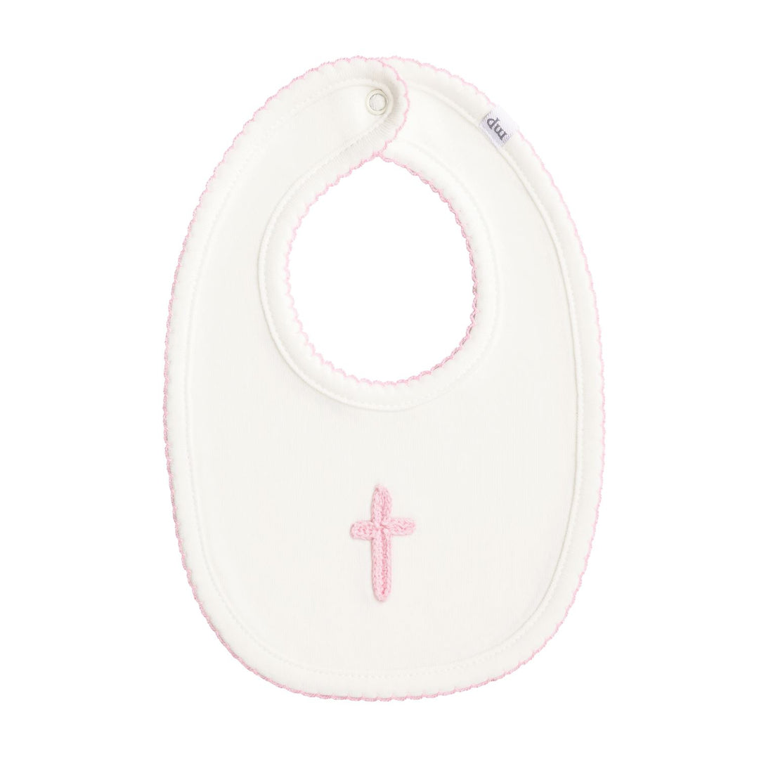 WHITE BIB FEATURING Cotton interlock bib features crochet cross icon and picot stitch detail.