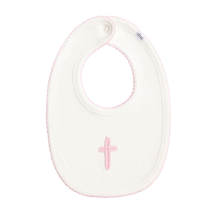 WHITE BIB FEATURING Cotton interlock bib features crochet cross icon and picot stitch detail.