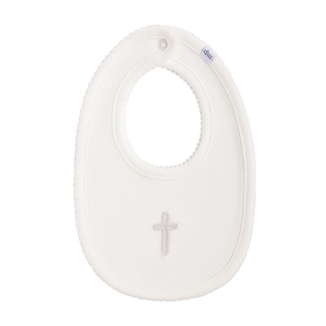 white Cotton interlock bib features crochet cross icon and picot stitch detail.