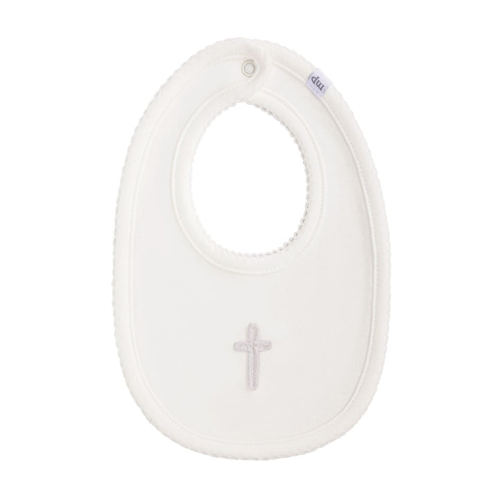 white Cotton interlock bib features crochet cross icon and picot stitch detail.