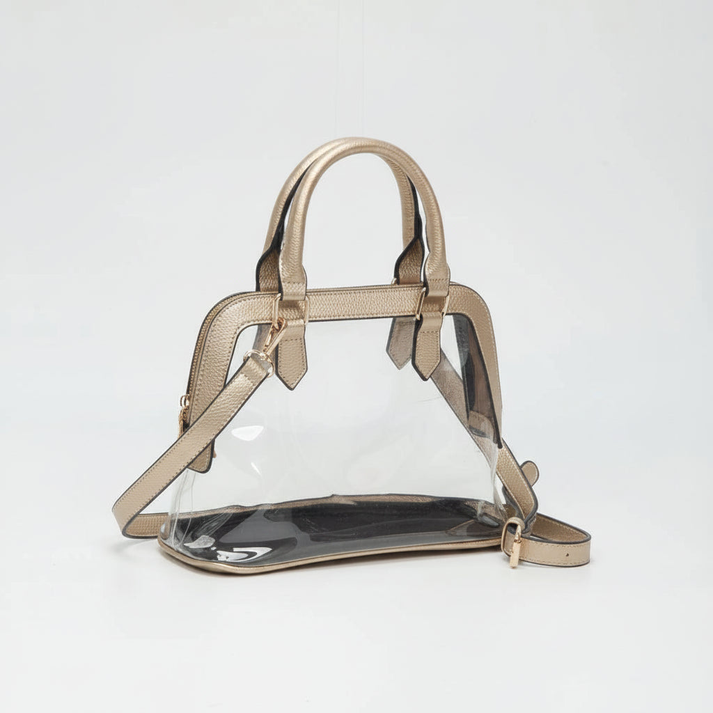 GOLD SATCHEL HANDLE CROSSBODY CLEAR BAG