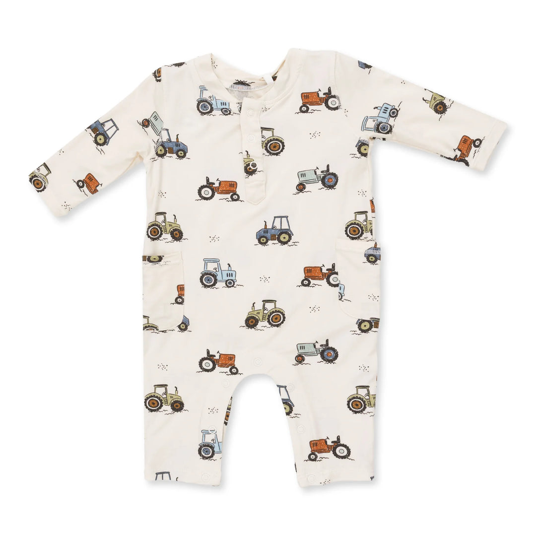 Angel Dear Future Farmer Uni Romper front view of the baby romper highlighting the silhouette and future farmer uni design