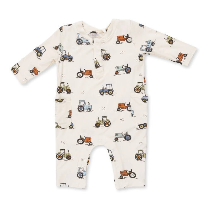 Angel Dear Future Farmer Uni Romper front view of the baby romper highlighting the silhouette and future farmer uni design
