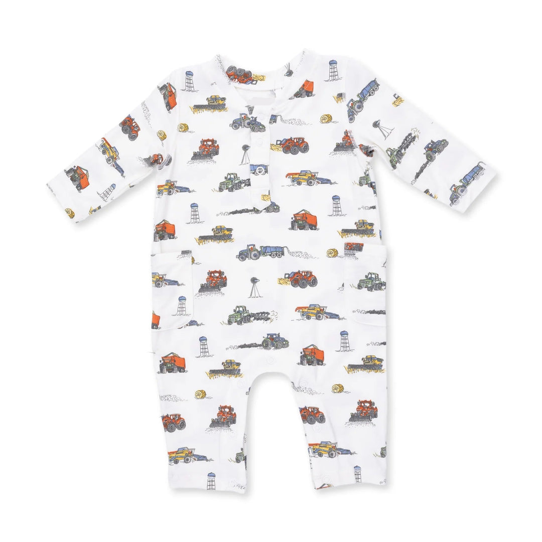 Angel Dear Farm Machines Uni Romper front view of the baby romper highlighting the silhouette and farm machines uni design