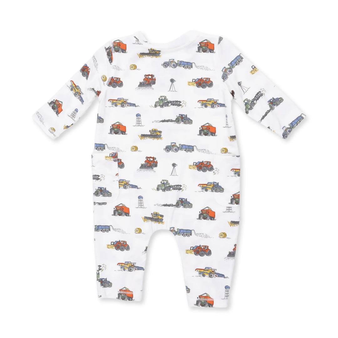 Angel Dear Farm Machines Uni Romper alternate view of the baby romper showing the farm machines uni design and coordinating trim