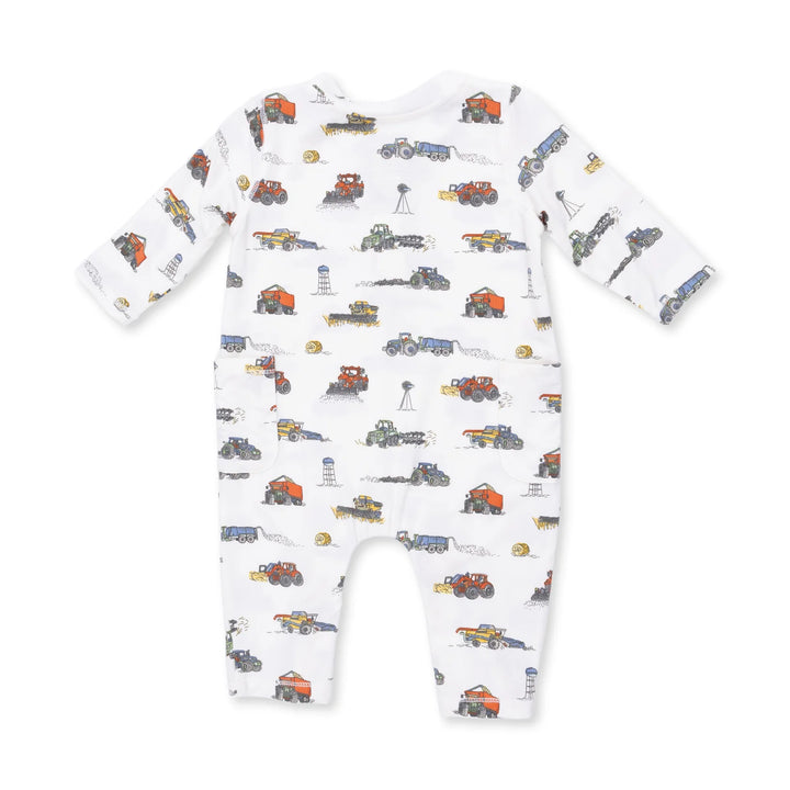 Angel Dear Farm Machines Uni Romper alternate view of the baby romper showing the farm machines uni design and coordinating trim