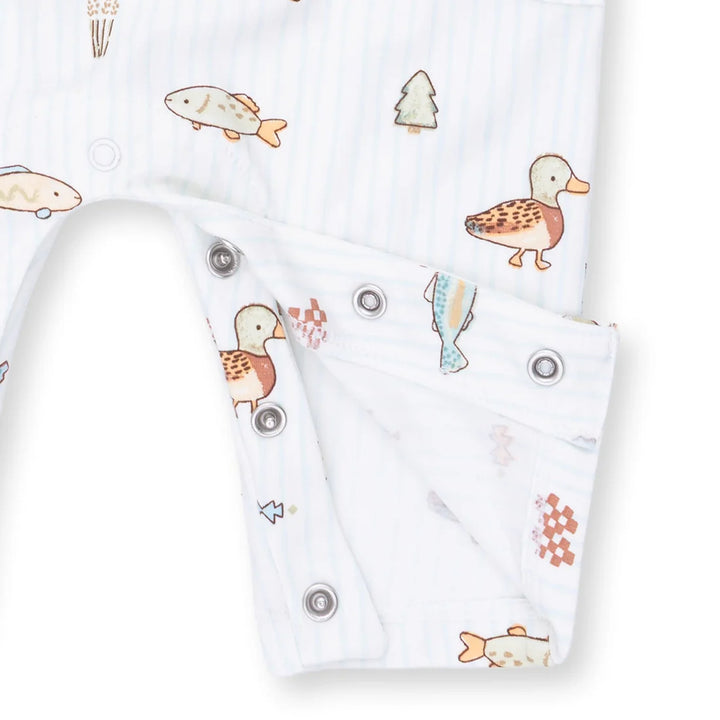 Angel Dear Lake Cuties Uni Romper close-up of the baby romper highlighting the print, closures, and finishing details