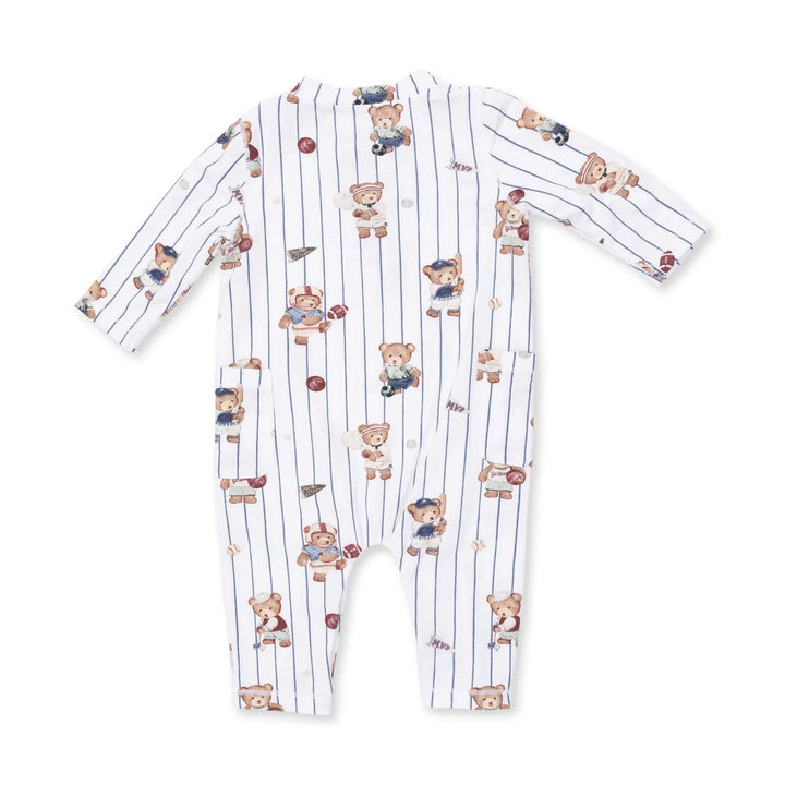 Angel Dear Mixed Sports Bears Uni Romper alternate view of the baby romper showing the mixed sports bears uni design and coordinating trim