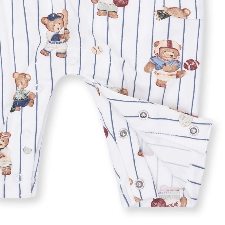 Angel Dear Mixed Sports Bears Uni Romper close-up of the baby romper highlighting the print, closures, and finishing details