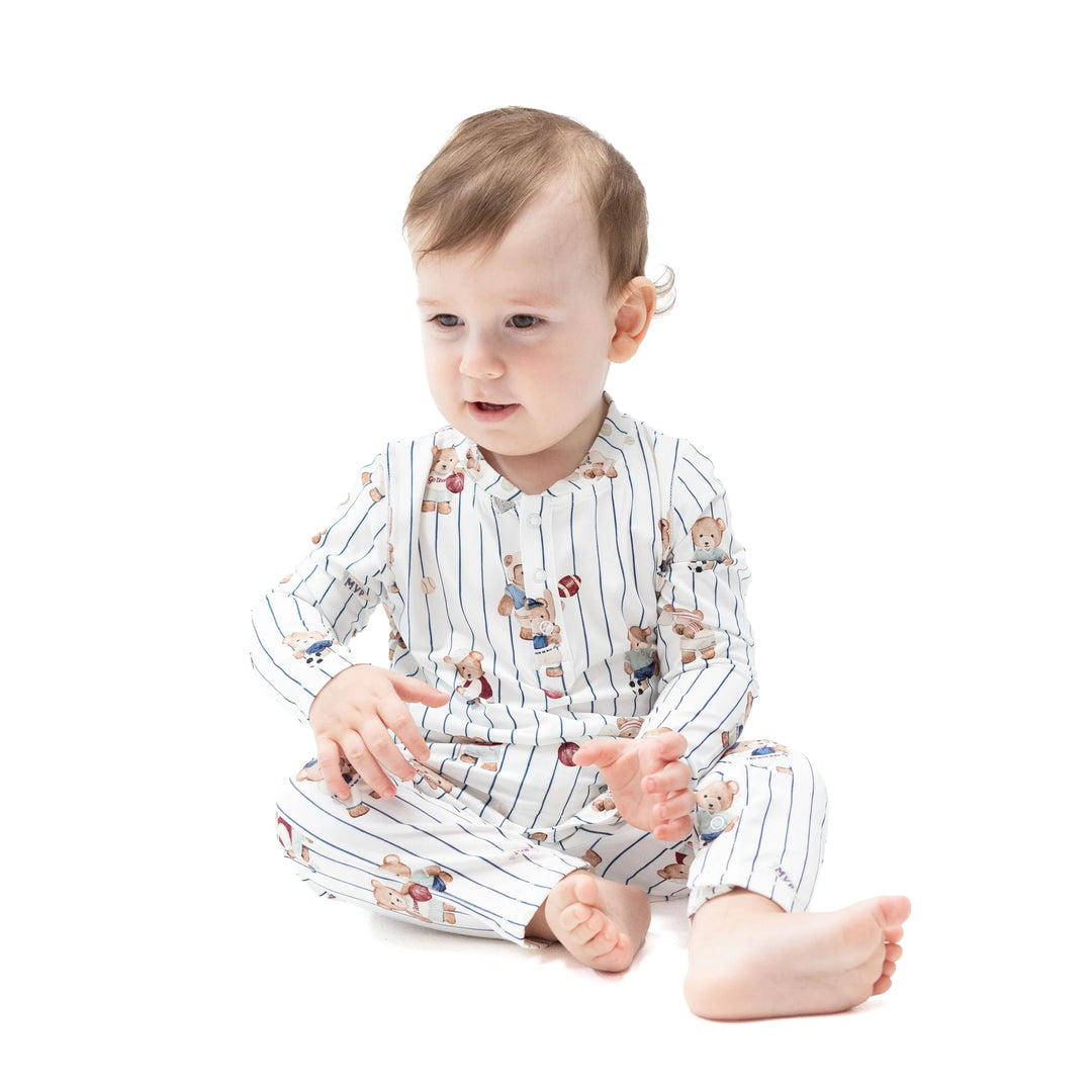 Angel Dear Mixed Sports Bears Uni Romper worn by a baby in a lifestyle view highlighting the mixed sports bears uni design