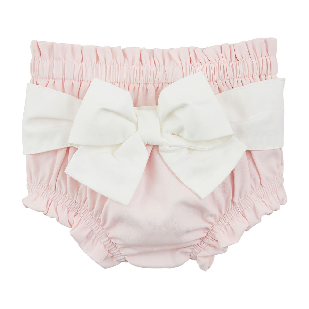 Two cotton poplin diaper covers with contrast bows, one in pink and one in white, for baby girls.