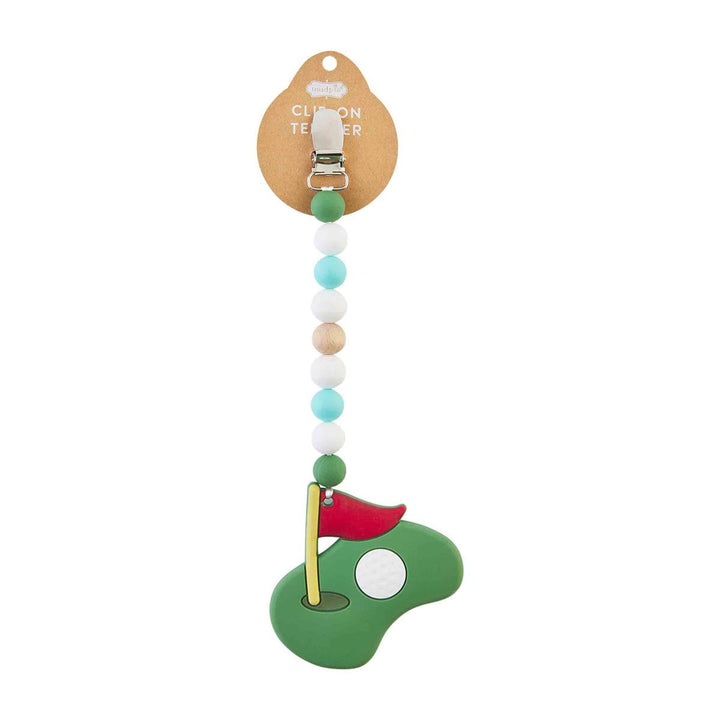 Colorful teething toy with golf design on a white background