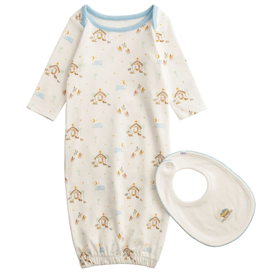 Baby gown with birdhouse pattern and matching bib on a white background