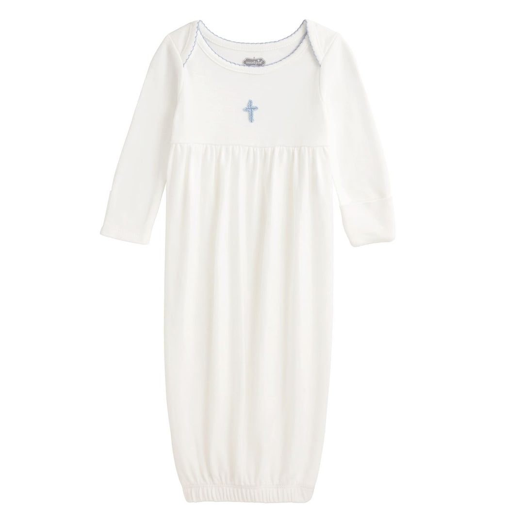 CROCHET BLUE CROSS ON WHITE GOWN