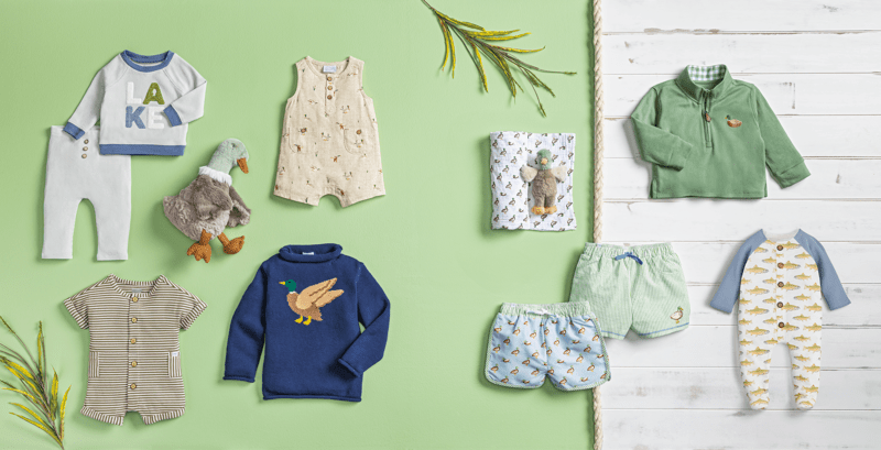 MALLARD SWADDLE & RATTLE SET AMONGST MALLARD THEMED OUTFITS AND SWIM